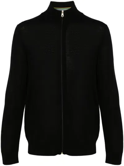 Paul Smith Zip-up Fine-knit Cardigan In ブラック