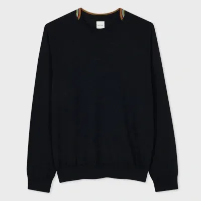 Paul Smith Dark Navy Merino Sweater With 'signature Stripe' Trim Blue