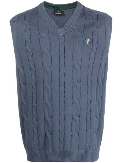 Paul Smith Logo-embroidered Cable-knit Vest In Greyish Blue