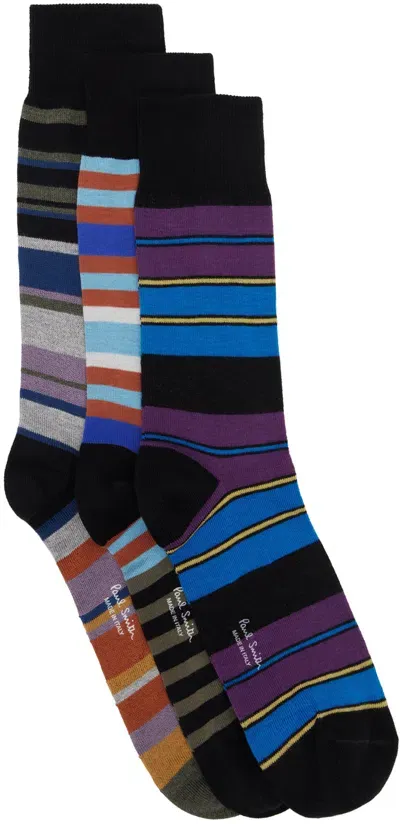 Paul Smith Three-pack Multicolor Multi-stripe Socks In 79 Blacks