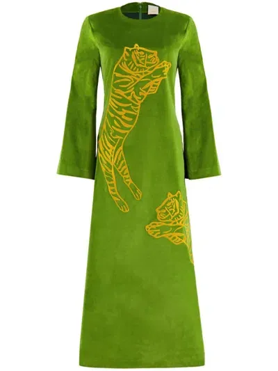 Paula Embroidered Velvet Dress In Green