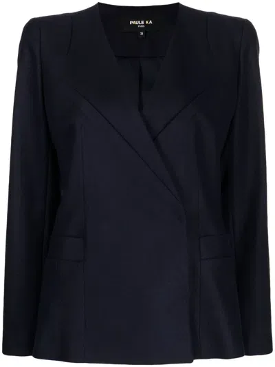 Paule Ka Collarless Asymmetric Blazer In Blue