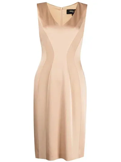 Paule Ka Satin-finish Panelled Dress In Brown