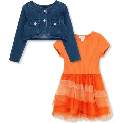 Peek Aren't You Curious Kids' Dress & Denim Jacket Set In Orange