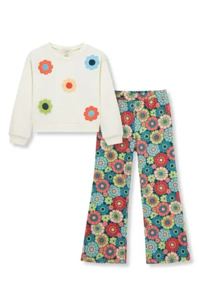 Peek Aren't You Curious Kids' Flower Sweater & Flare Pants Set In Natural