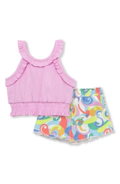 Peek Essentials Babies'  Ruffle Rib Tank & Swirl Shorts Set In Lavender