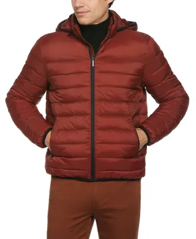 Perry Ellis Men's Lightweight Hooded Puffer Jacket In Fired Brick