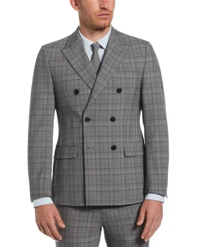 Perry Ellis Men's Skinny Fit Double Breasted Notch Collar Plaid Suit Jacket In Lt Grey,black,gray