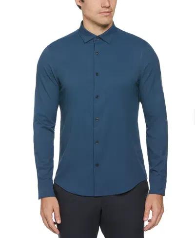 Perry Ellis Men's Slim Fit Untucked Total Stretch Solid Shirt - Blue In Titan,blue