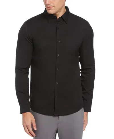 Perry Ellis Men's Untucked Total Stretch Slim Fit Solid Shirt - Black, Size Small, 100% Polyester Long Sleeves