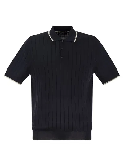 Peserico Polo Shirt In Pure Cotton Crepe Yarn With Flat Rib In Blue/beige