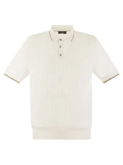 Peserico Polo Shirt In Pure Cotton Crepe Yarn With Flat Rib In White/beige