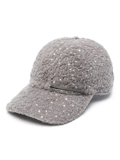 Peserico Sequin-embellished Faux-shearling Baseball Cap In Grey