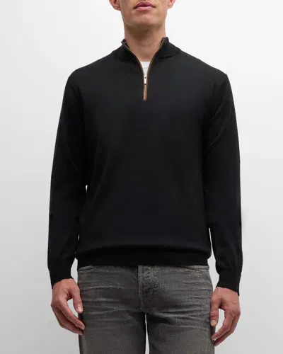 Peter Millar Men's Autumn Crest Suede-trim Quarter-zip Sweater In Black