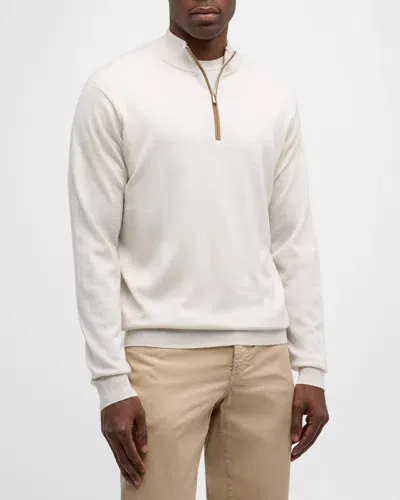 Peter Millar Men's Autumn Crest Suede-trim Quarter-zip Sweater In Ivory