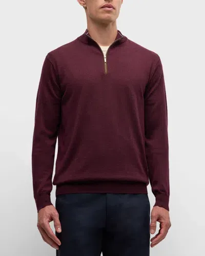 Peter Millar Men's Autumn Crest Suede-trim Quarter-zip Sweater In Winterberry