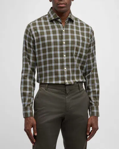 Peter Millar Men's Vernon Flannelite Check Sport Shirt In Dark Olive