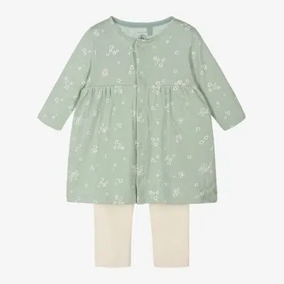 Petit Bateau Baby Girls Green Floral Cotton Dress Set