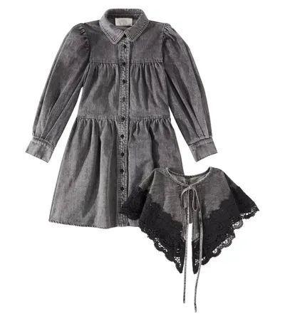 Petite Amalie Kids' Lace-trimmed Cotton Chambray Dress In Black