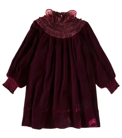 Petite Amalie Kids' Shirred Organza-trimmed Velvet Dress In Burgundy