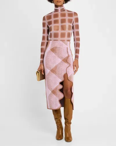 Ph5 Holly Plaid Wavy Slit Midi Skirt In Brown Pink