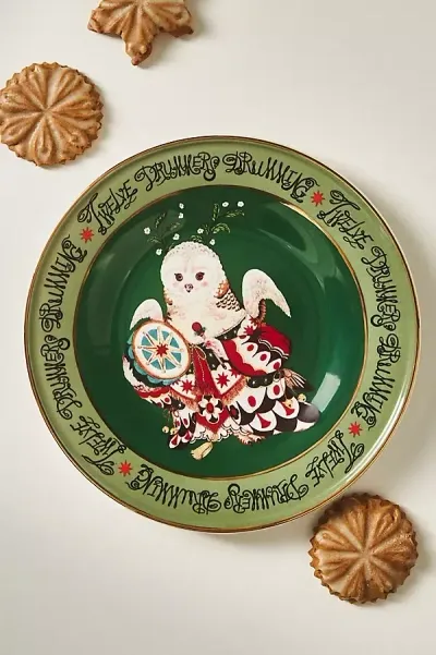 Phannapast Taychamaythakool Phannapast 12 Days Of Christmas Stoneware Dessert Plate In Green