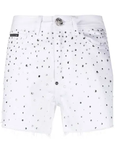 Philipp Plein Crystal-embellished Denim Shorts In White