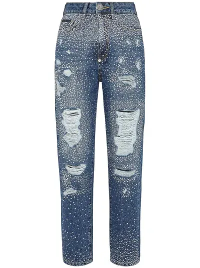 Philipp Plein Crystal-embellished Distressed-denim Trousers In Multi