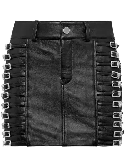 Philipp Plein Crystal-embellished Leather Mini Skirt In 黑色