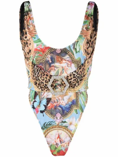 Philipp Plein Graphic-print Belted Swimsuit In Brown