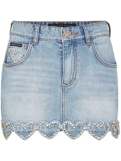 Philipp Plein Heart-embellished Denim Skirt In Blue