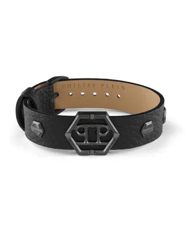 Philipp Plein Hexagon Studded Leather Bracelet In Black