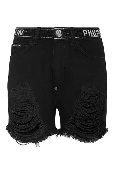 Philipp Plein Crystal-embellished Raw-cut Denim Shorts In Black