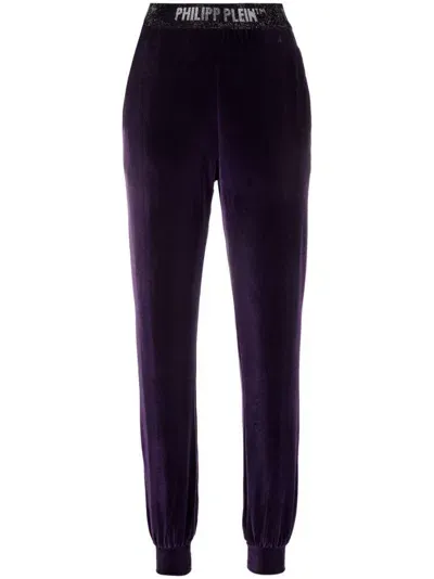 Philipp Plein Logo-waistband Velvet Track Pants In Purple