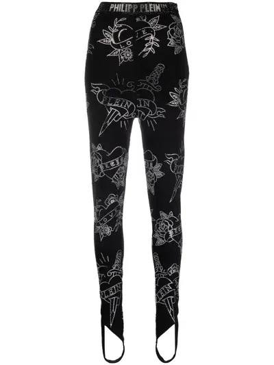 Philipp Plein Love-print Stirrup Leggings In Black