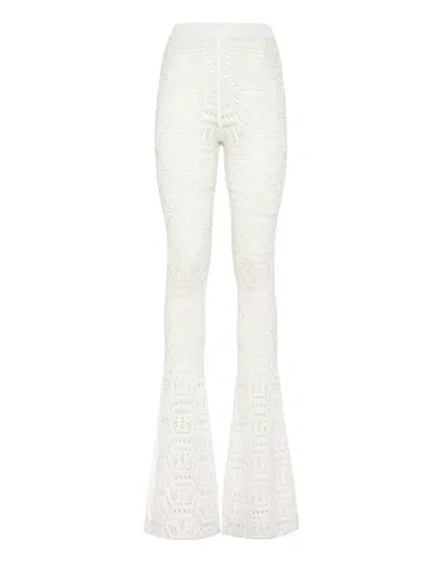 Philipp Plein Monogram Lurex Knitted Trousers In White