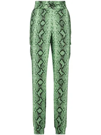 Philipp Plein Python-print Satin Cargo Trousers In Green