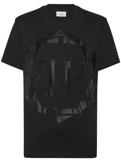 Philipp Plein Rhinestone-logo Cotton T-shirt In 黑色