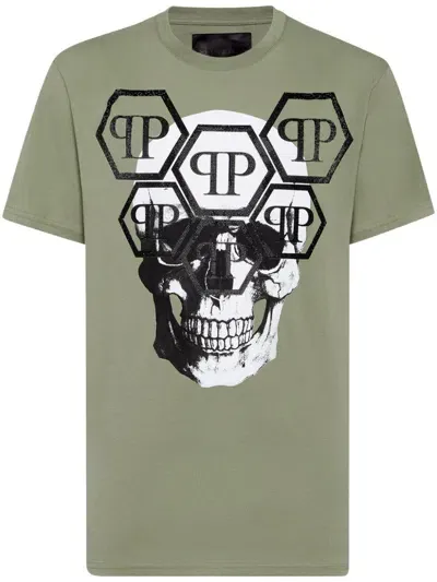 Philipp Plein Ss Stones Skull T-shirt In Green