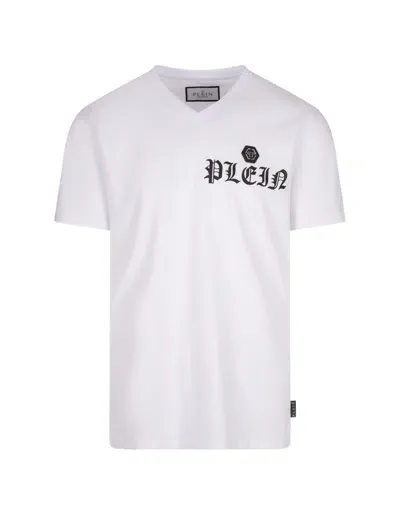 Philipp Plein White Ss Gothic Plein V-neck T-shirt