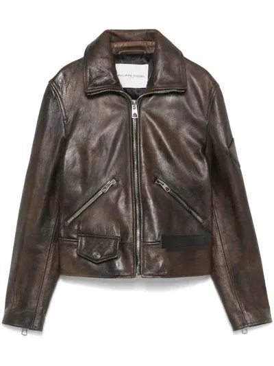 Philippe Model Paris Leather Jacket In Brown