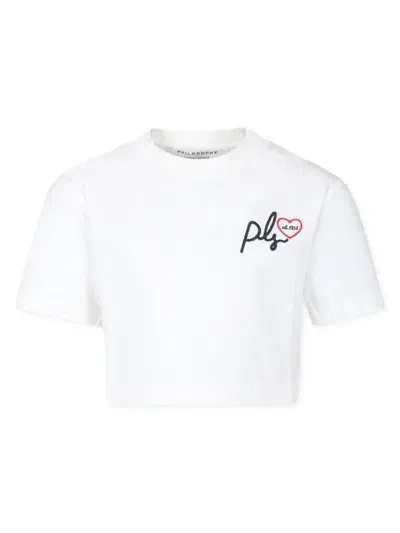 Philosophy Di Lorenzo Serafini Kids' Cropped Logo-embroidered T-shirt In White