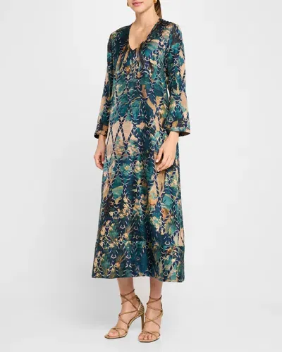 Pierre-louis Mascia Abstract-print Silk Maxi Dress In Teal  Beige Multi 513482/101