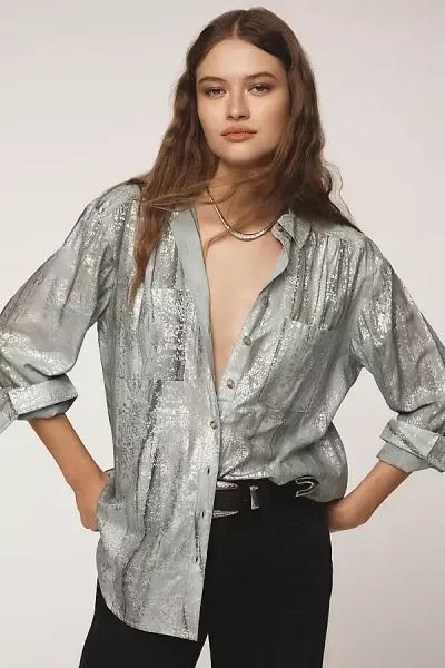 Pilcro Foil Shine Buttondown Shirt In Green