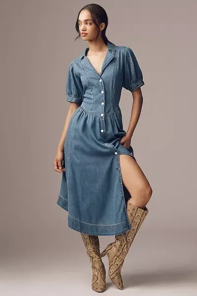 Pilcro Short-sleeve Denim Midi Shirt Dress In Blue