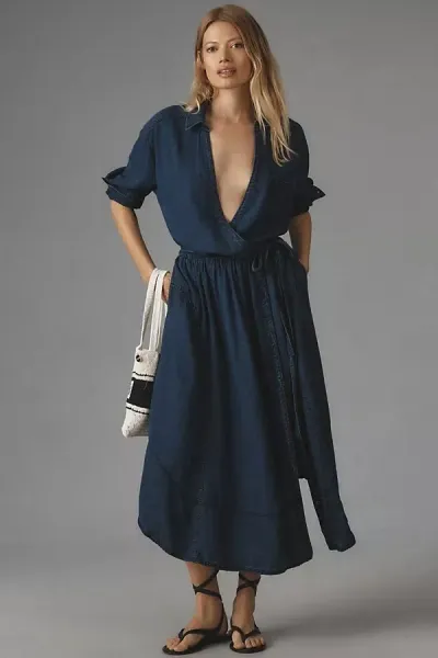 Pilcro V-neck Linen Wrap Midi Dress In Blue