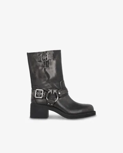 Pinko Calf-high Leather Biker Boots With Buckles In Nero Limousine