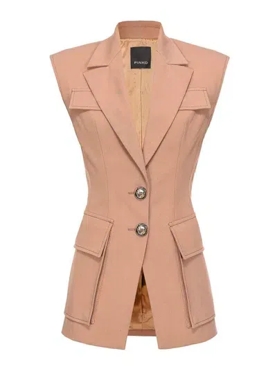 Pinko Single-breasted Twill Waistcoat In Beige Brun Fauve