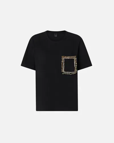 Pinko Cotton T-shirt With Pocket Embroidered With Crystals In Nero Limousine