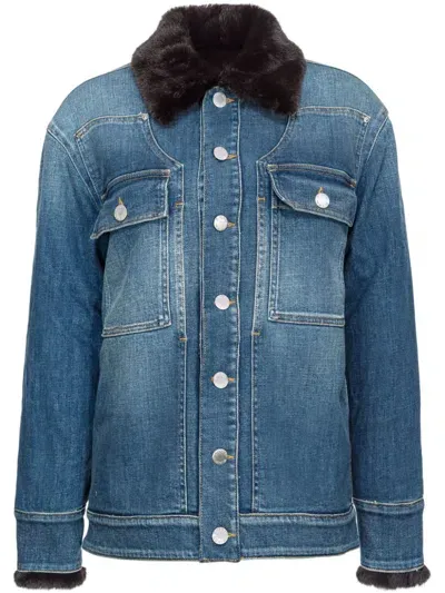 Pinko Faux Fur-trimmed Denim Jacket In Blue